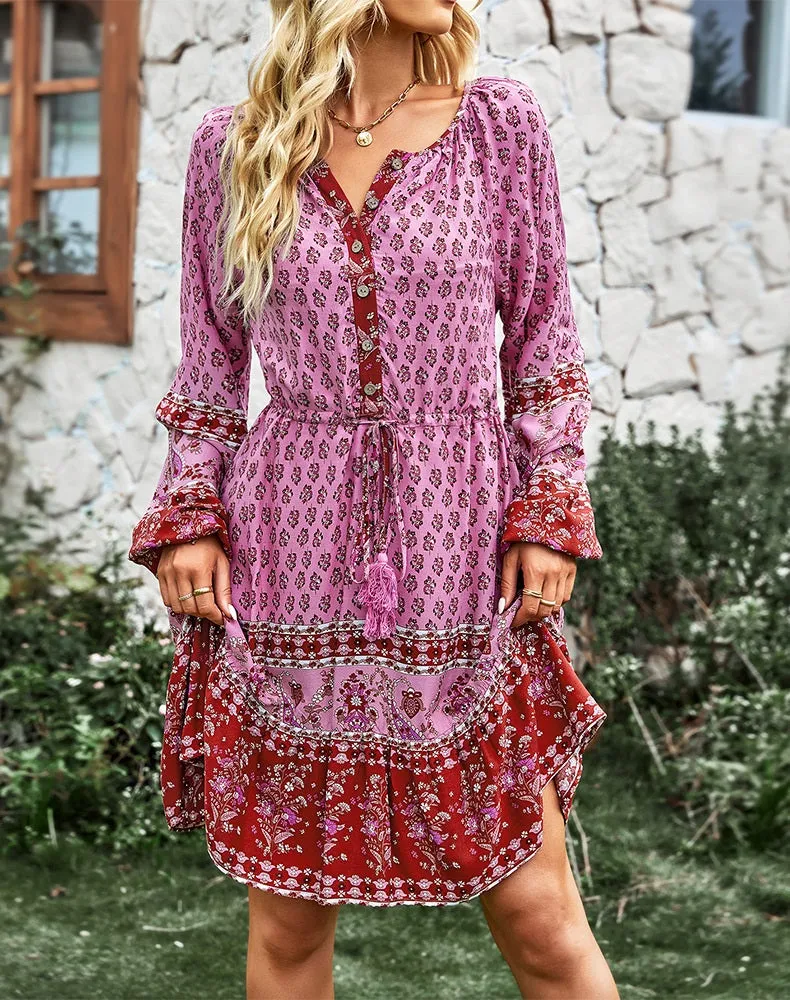 2023 Bohemian Red Fuchsia Floral Print Buttoned Front Dress  (Size S to XL)