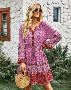 2023 Bohemian Red Fuchsia Floral Print Buttoned Front Dress  (Size S to XL)