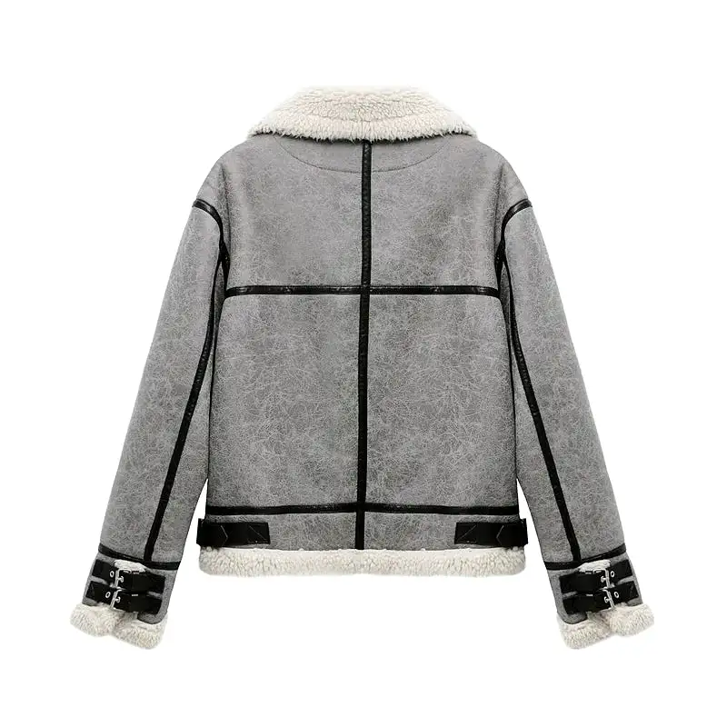 2023 men's and Unisex new gray thick lapel fur one fleece double-sided jacket Warm men's motorcycle jacket top