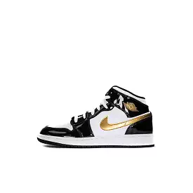 AIR JORDAN 1 MID GS (YOUTH) PATENT BLACK WHITE GOLD 2019 BQ6931-007