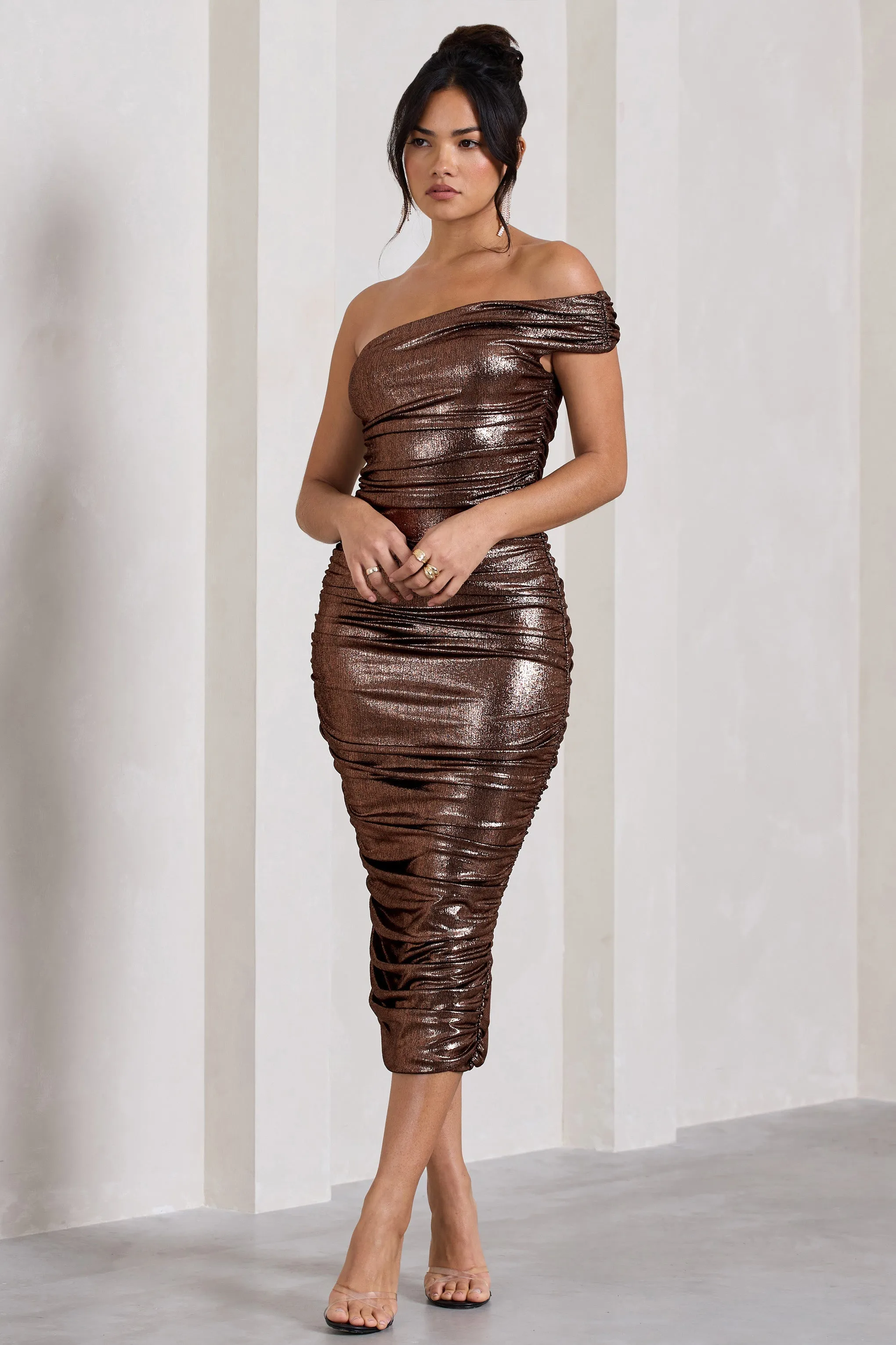 Alma | Bronze Asymmetric Ruched Bodycon Midi Dress