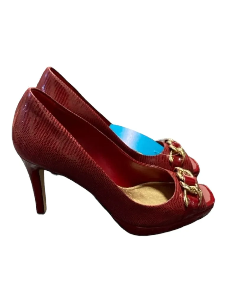 Antonio Melani Shoe Size 6.5 Red Leather Pump Open Toe Chainlink Detail Heels