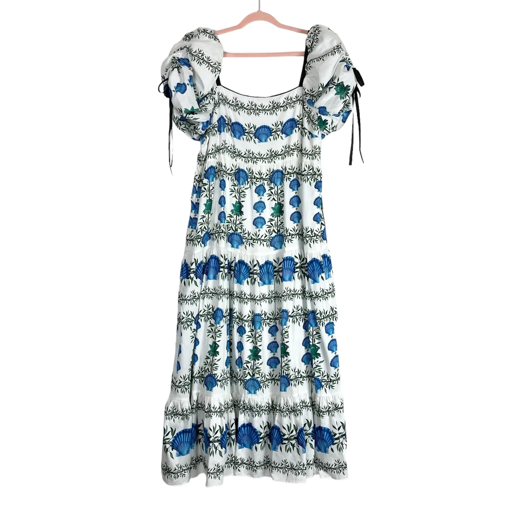 Antonio Melani White Blue Shell Print Puff Tie Sleeve Dress- Size 16 (sold out online)