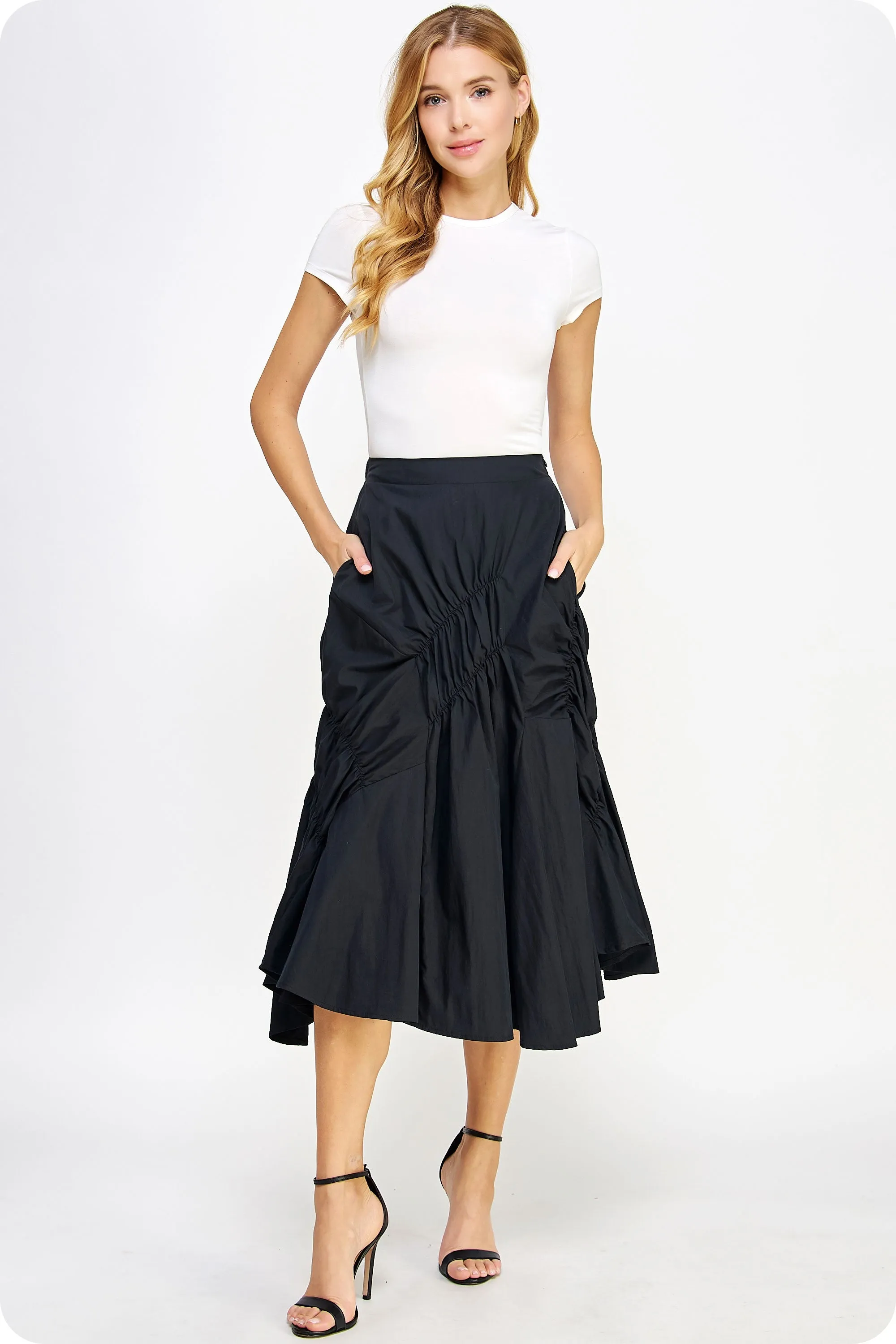 Asymmetric Ruched Midi Skirt