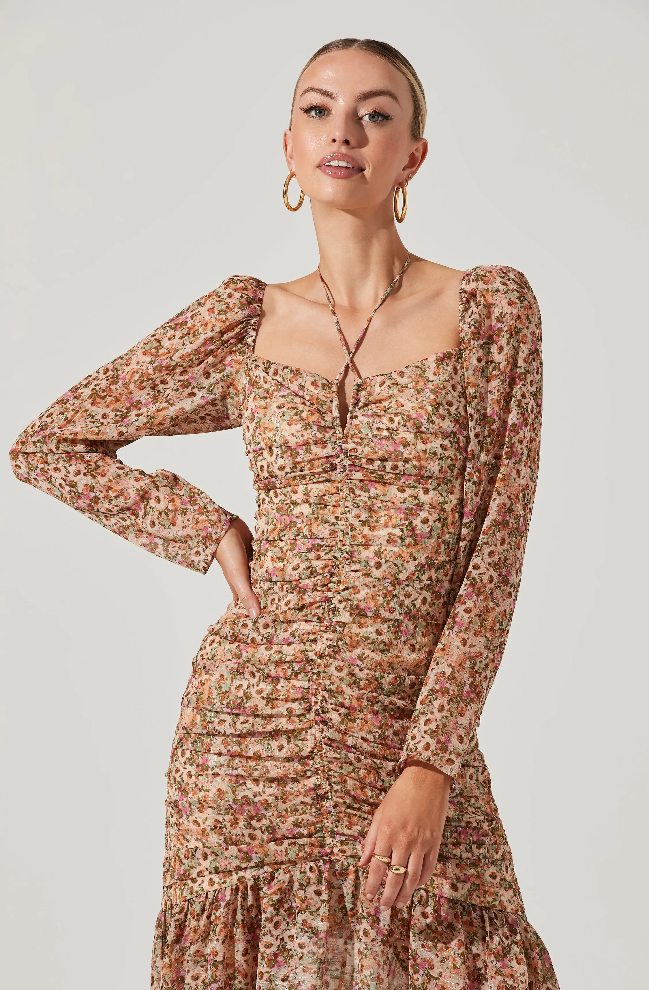 Athena Floral Ruched Long Sleeve Midi Dress