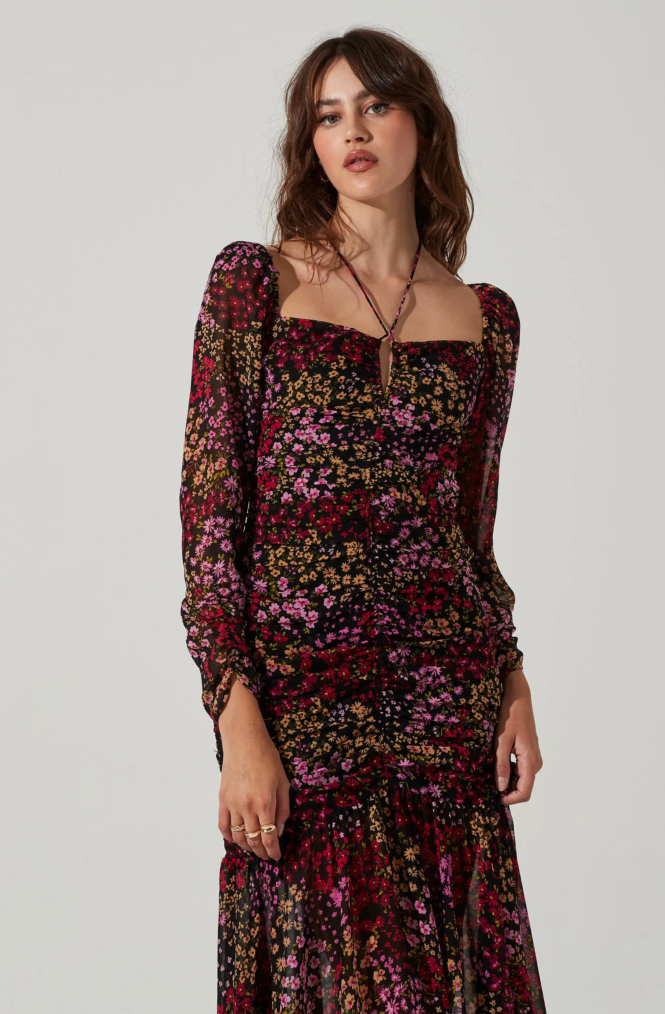 Athena Floral Ruched Long Sleeve Midi Dress