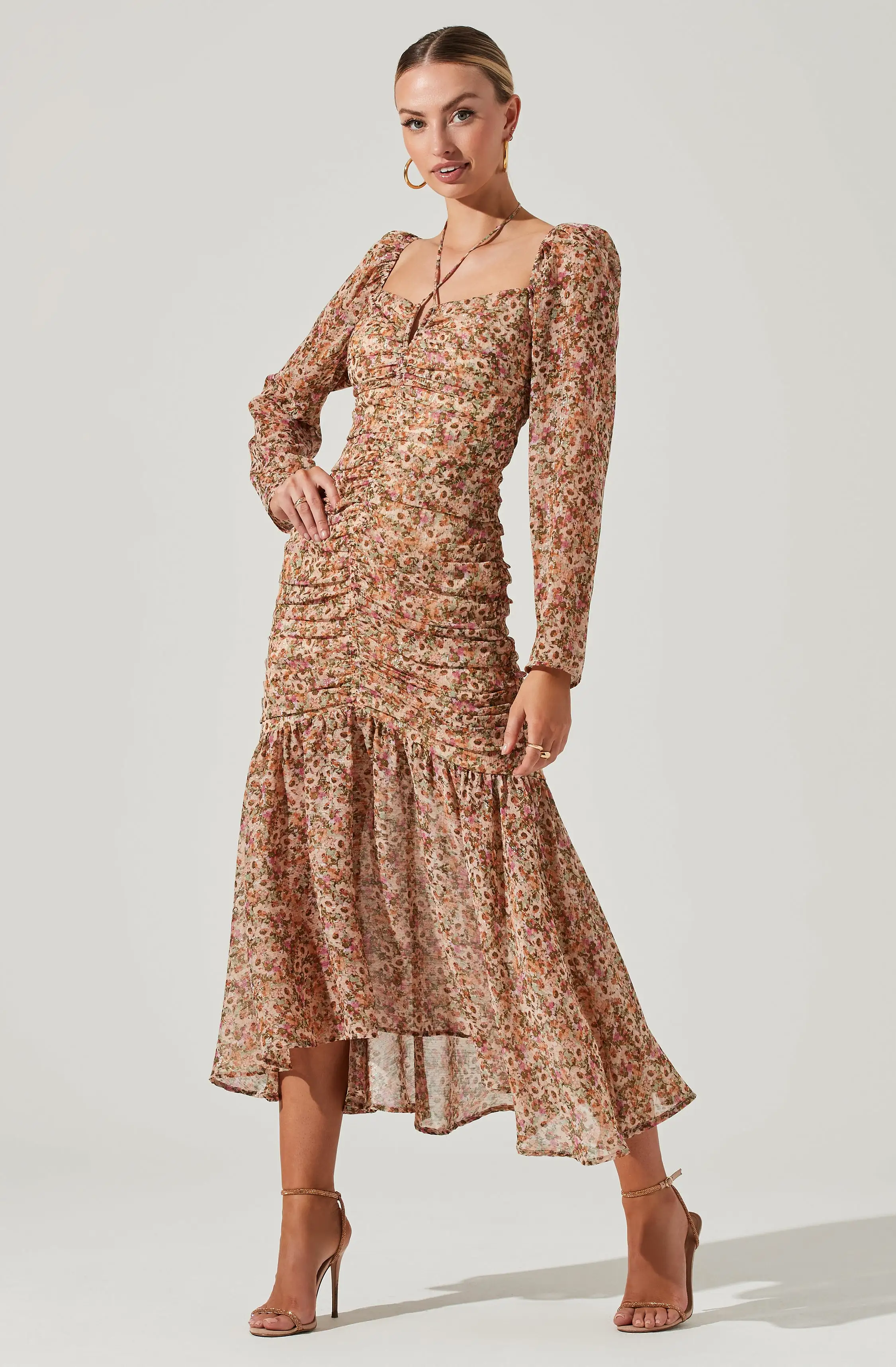 Athena Floral Ruched Long Sleeve Midi Dress