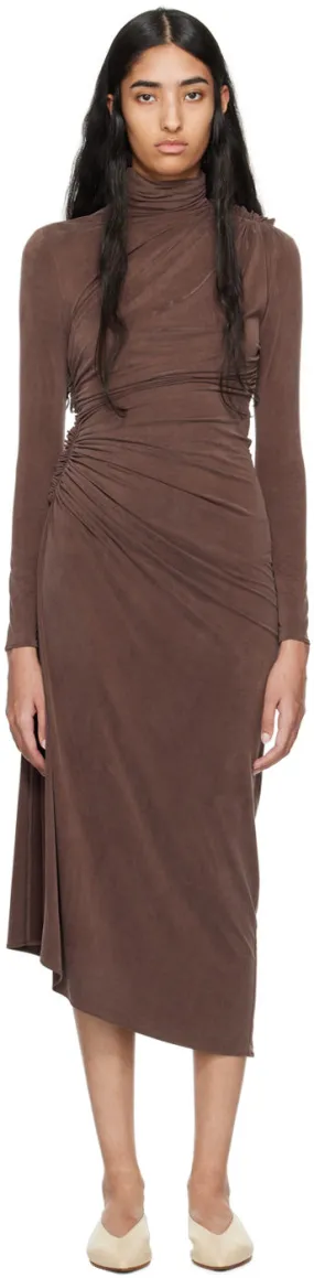 Atlein Brown Ruched Midi Dress