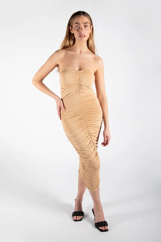 Beige Bandeau Ruched Bodycon Midi Dress