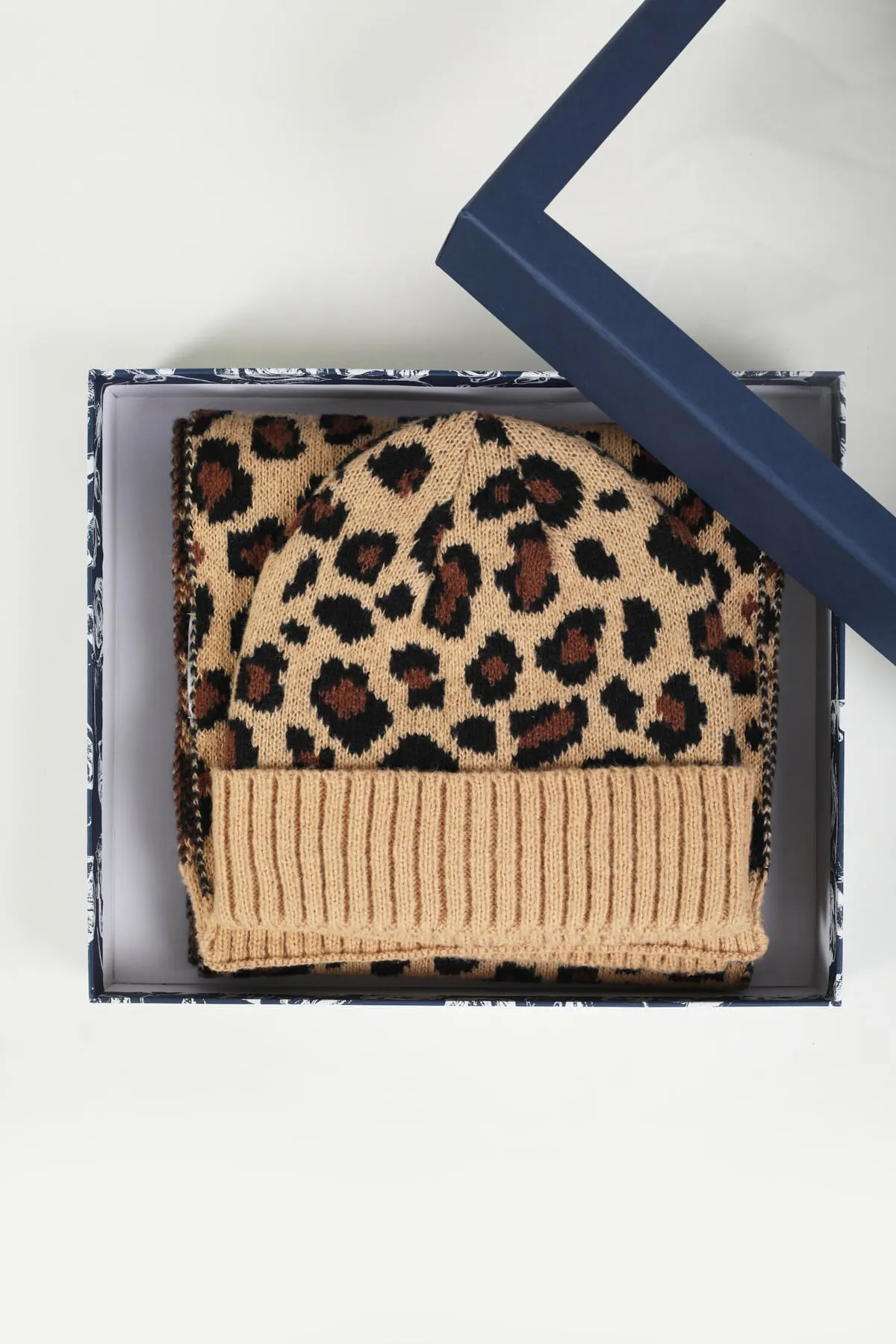 Beige Leopard Print Scarf & Beanie Hat Gift Set