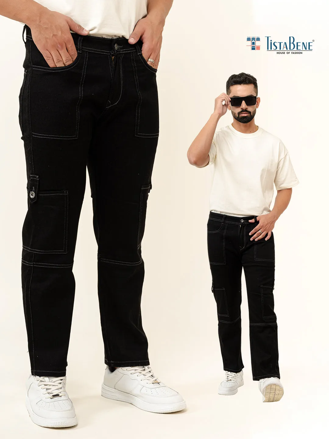 Black Comfort-Fit Cargo Denim Jeans