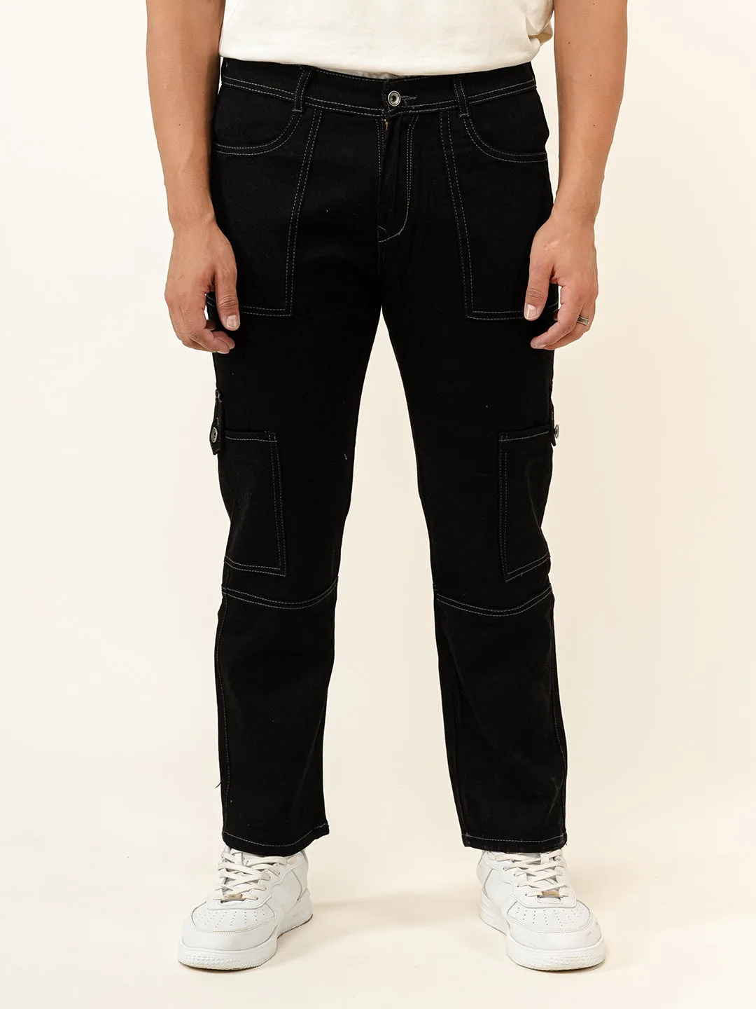 Black Comfort-Fit Cargo Denim Jeans