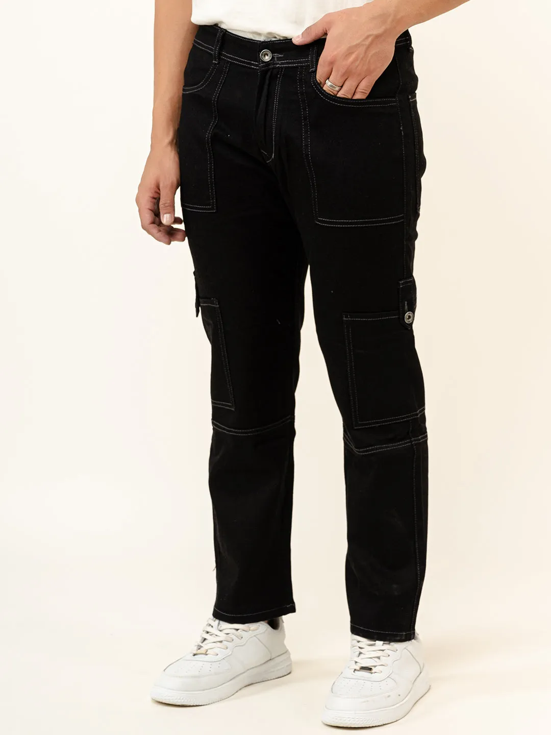 Black Comfort-Fit Cargo Denim Jeans