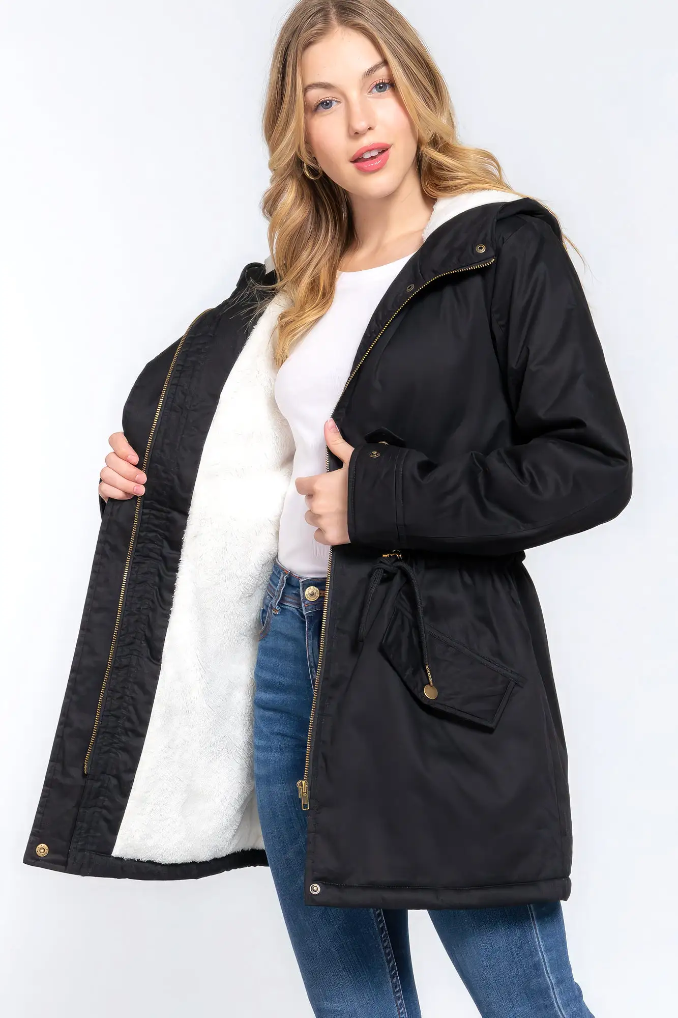 Black Fleece Lined Fur Hoodie Utility Jacket