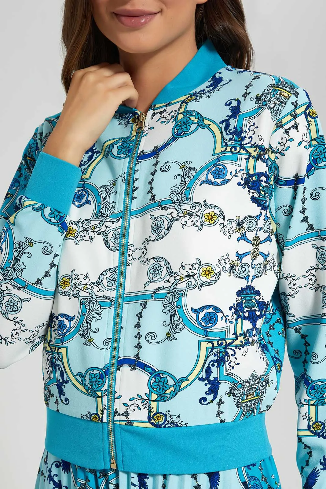 Blue And White Printed Bomber Jacket