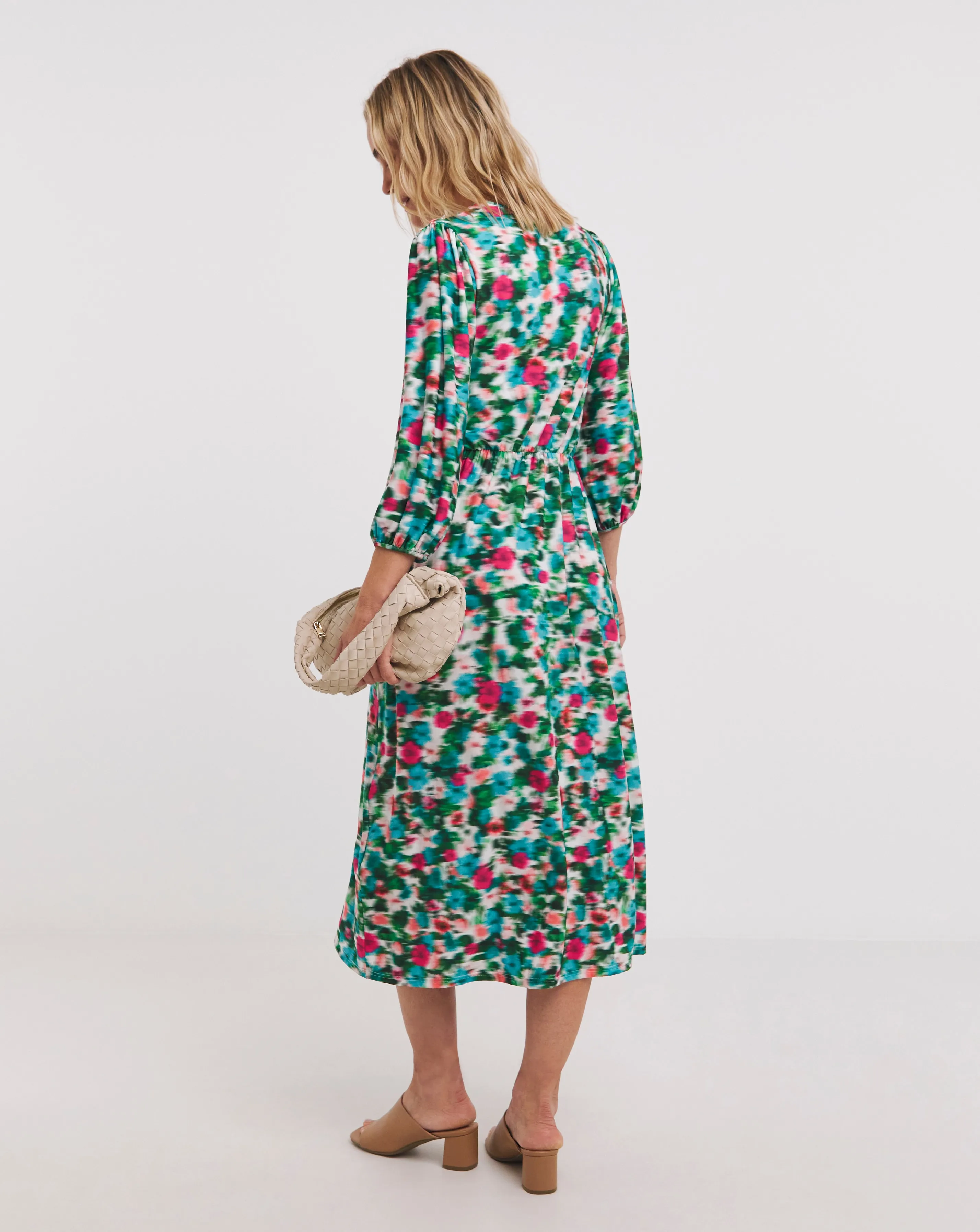 Blurred Floral Jersey Ruched Front Midi Dress