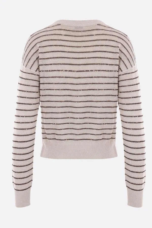 BRUNELLO CUCINELLI  |Crew Neck Stripes Long Sleeves Cotton V-neck & Crew neck