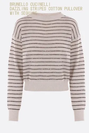 BRUNELLO CUCINELLI  |Crew Neck Stripes Long Sleeves Cotton V-neck & Crew neck