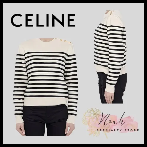 CELINE  |Crew Neck Stripes Long Sleeves Cotton V-neck & Crew neck