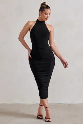 Chrissy | Black Halterneck Ruched Midi Dress