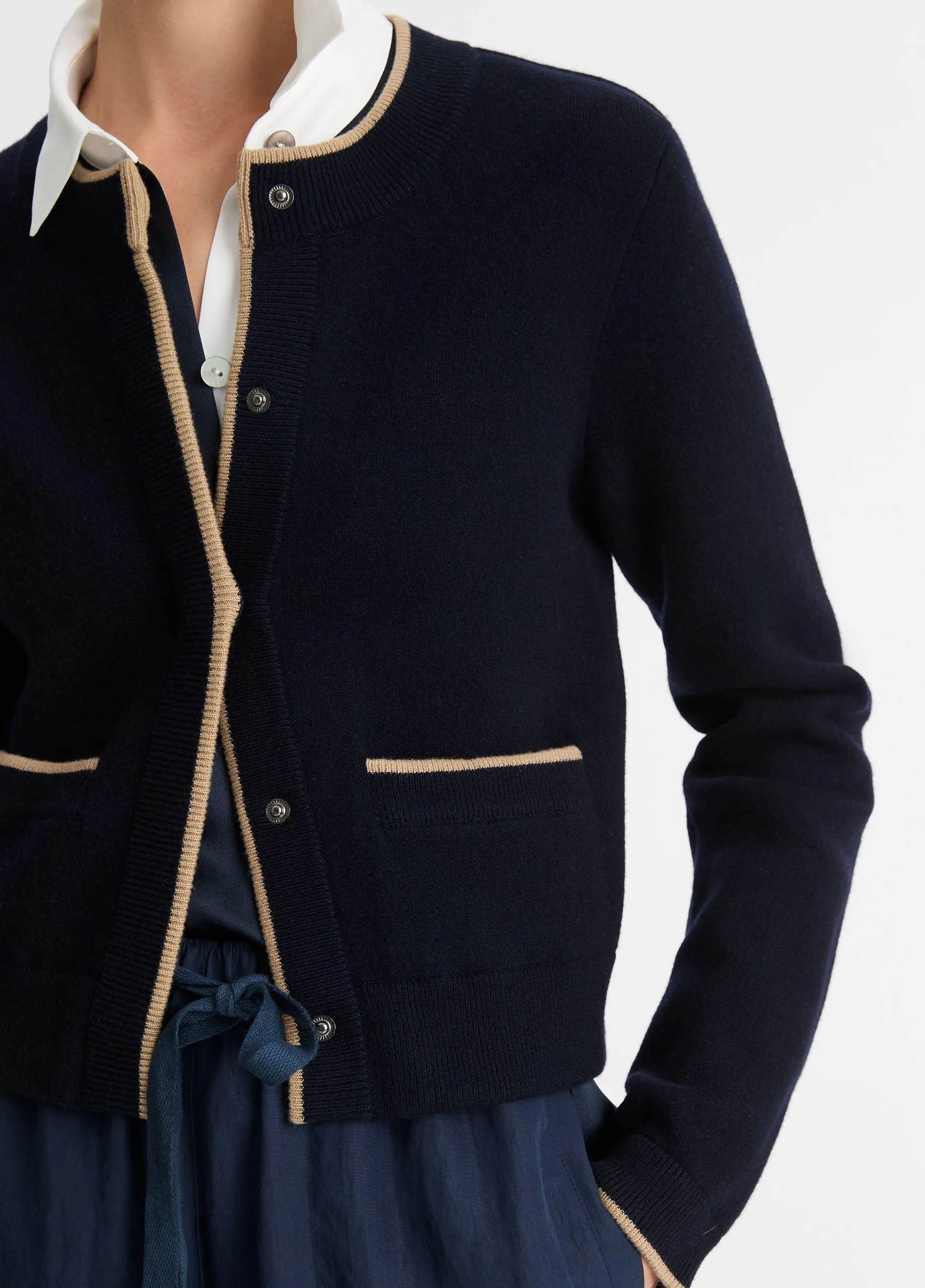 Contrast-Tipped Wool-Blend Snap Cardigan