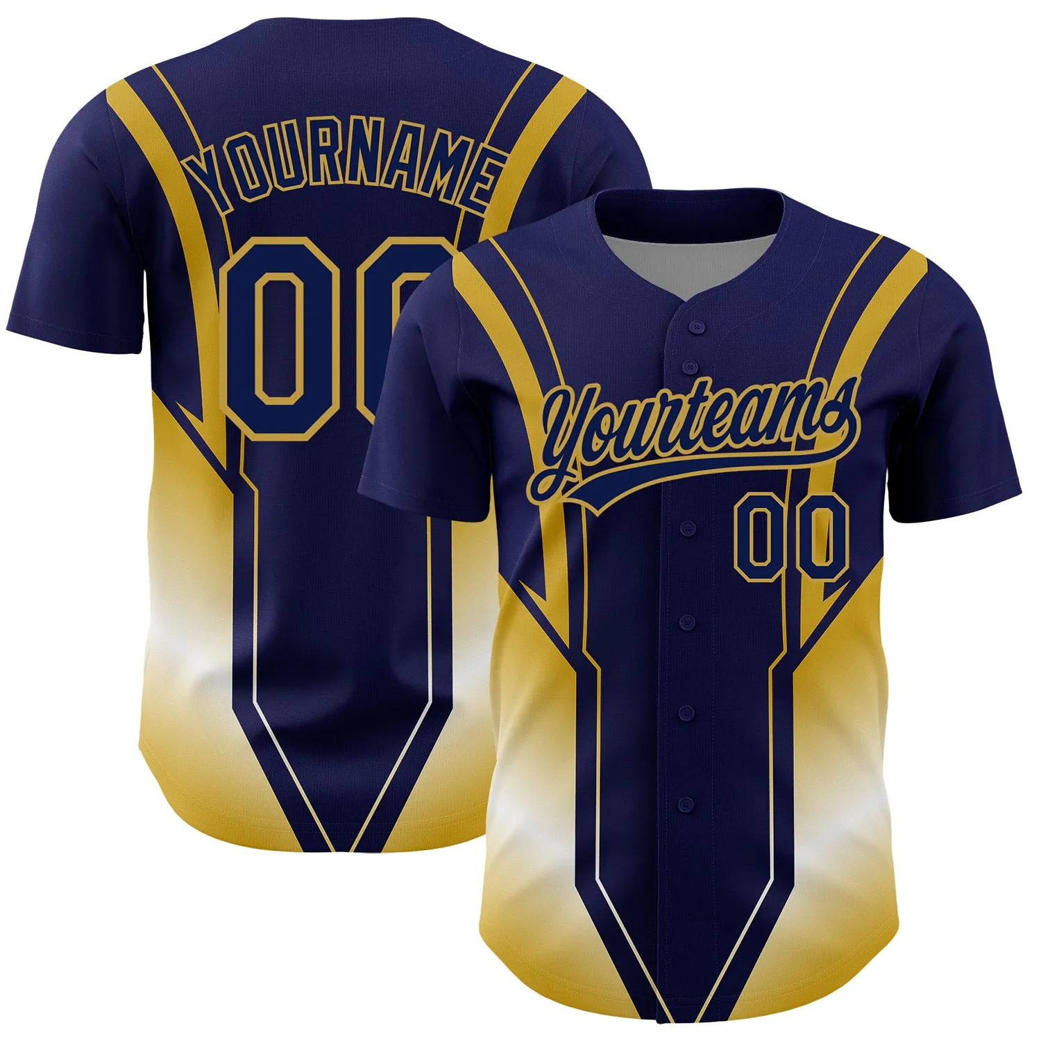 Custom Navy Old Gold 3D Pattern Design Side Stripes Authentic Baseball Jersey