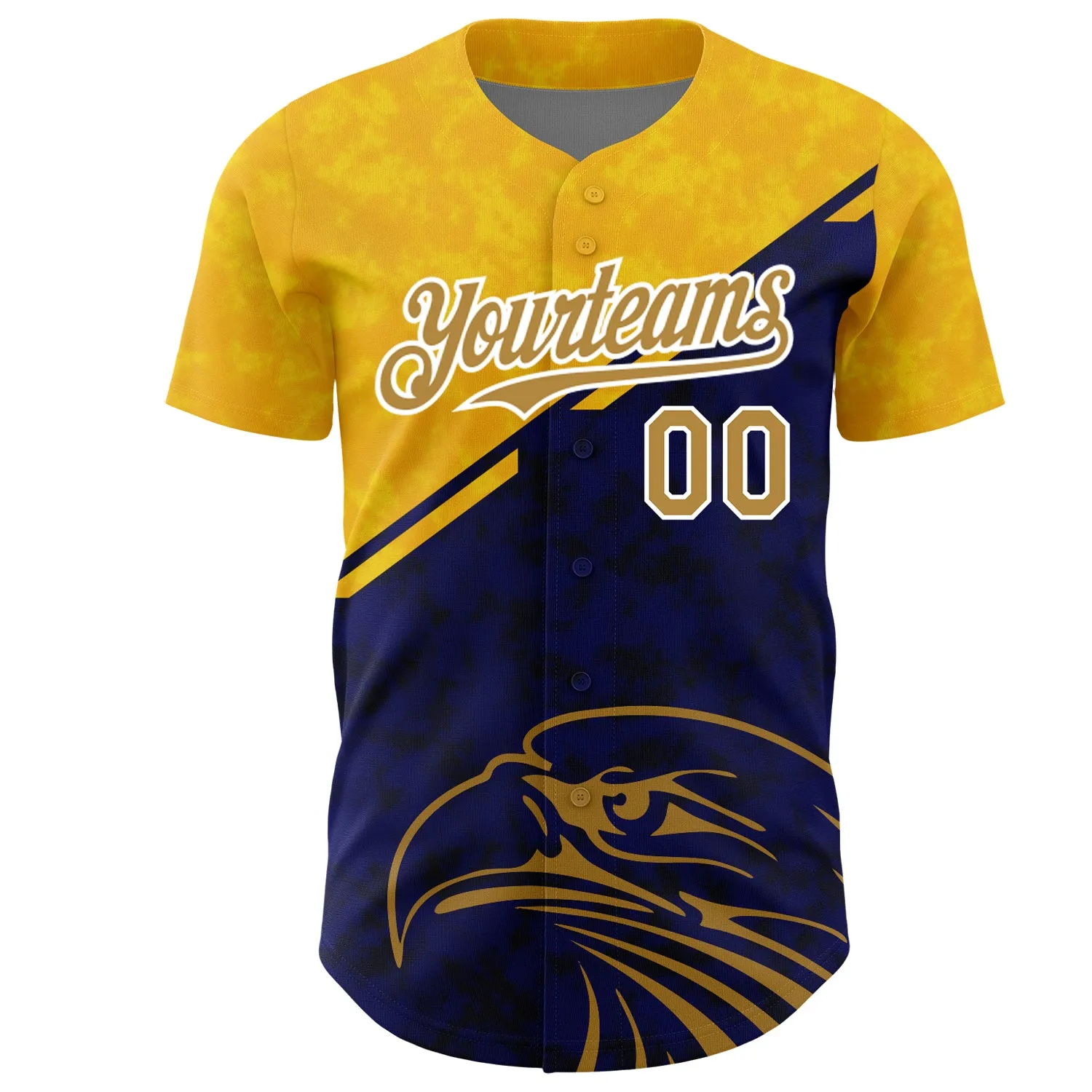 Custom Yellow Old Gold-Navy 3D Pattern Design Animal Eagle Authentic Baseball Jersey