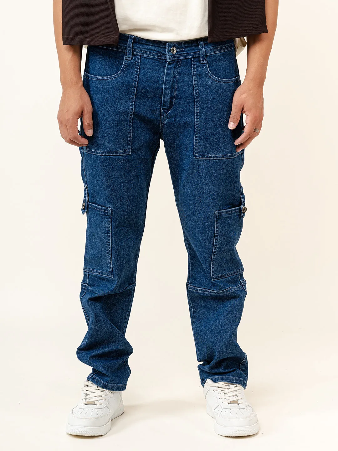 Dark Blue Comfort-Fit Cargo Denim Jeans