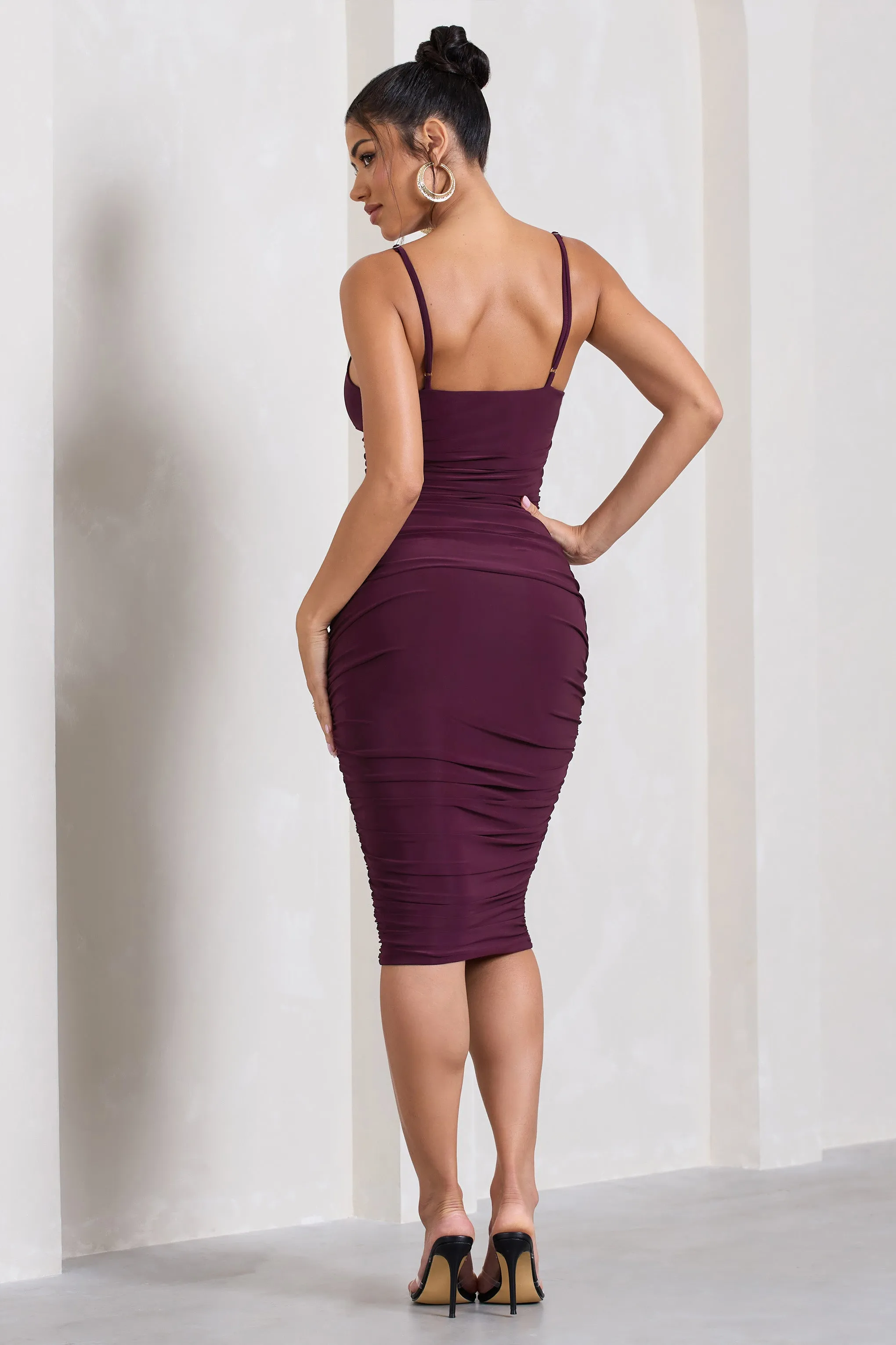 Desired | Plum Ruched Strappy Midi Dress