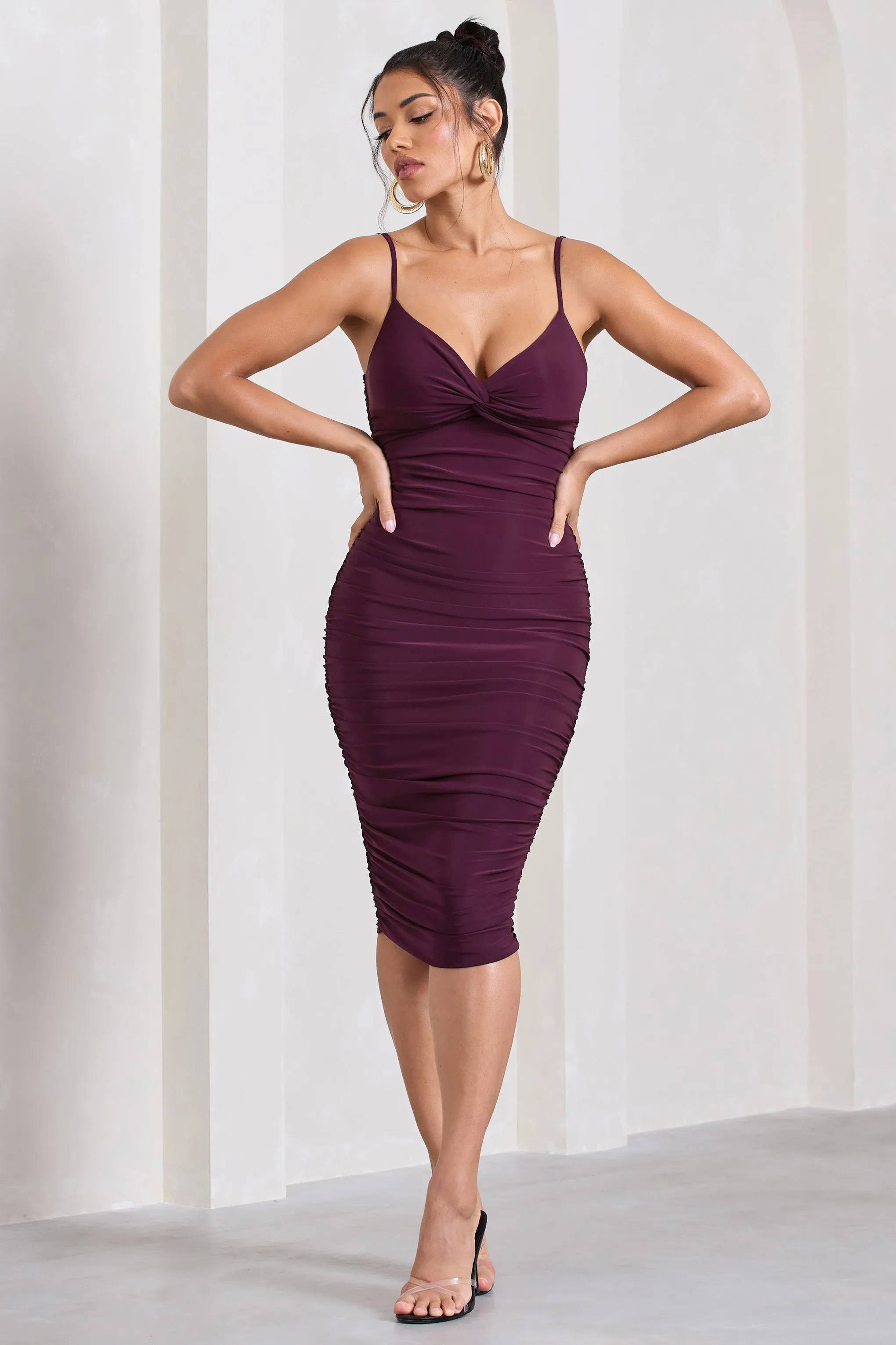 Desired | Plum Ruched Strappy Midi Dress