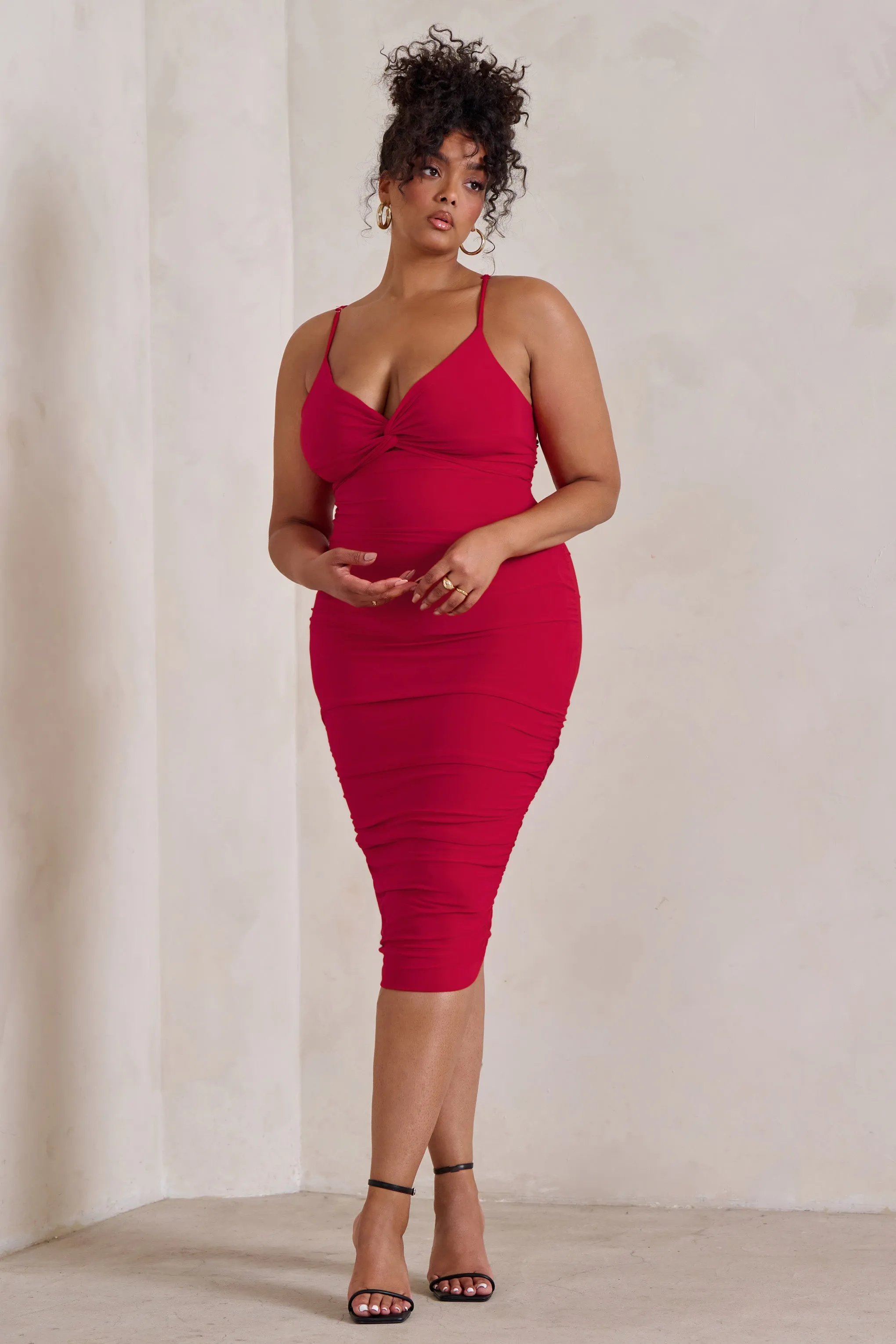 Desired | Red Knot Detail Ruched Midi Dress