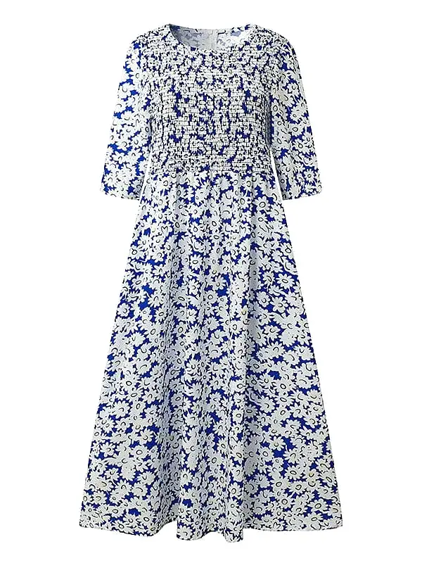 Feminine Floral Print Ruched Midi Dress with Half Sleeves