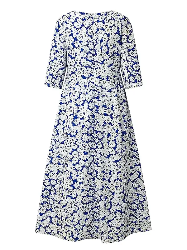 Feminine Floral Print Ruched Midi Dress with Half Sleeves