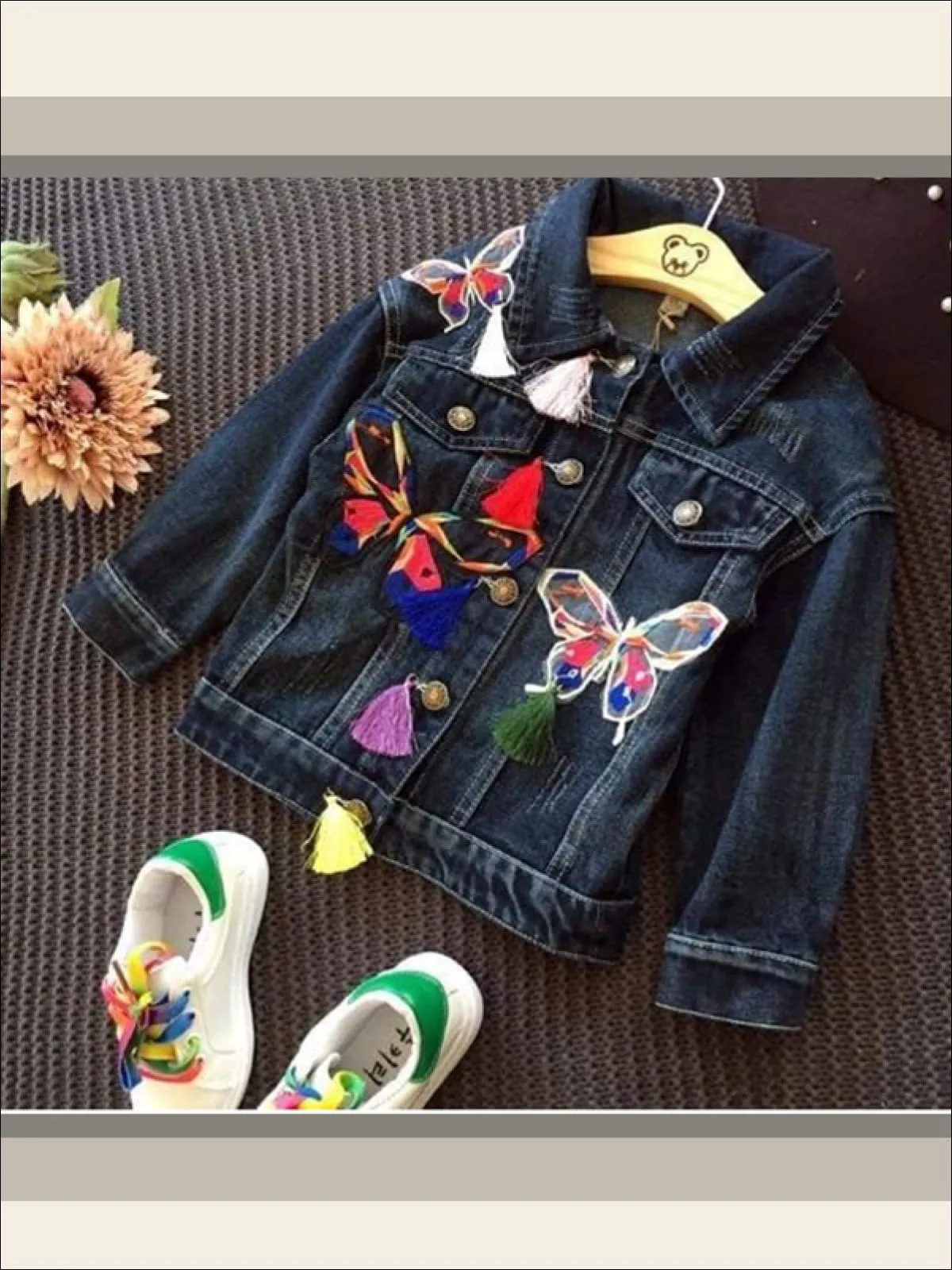 Girls Butterfly Applique Denim Jacket (Dark Blue And Light Blue Denim Options)