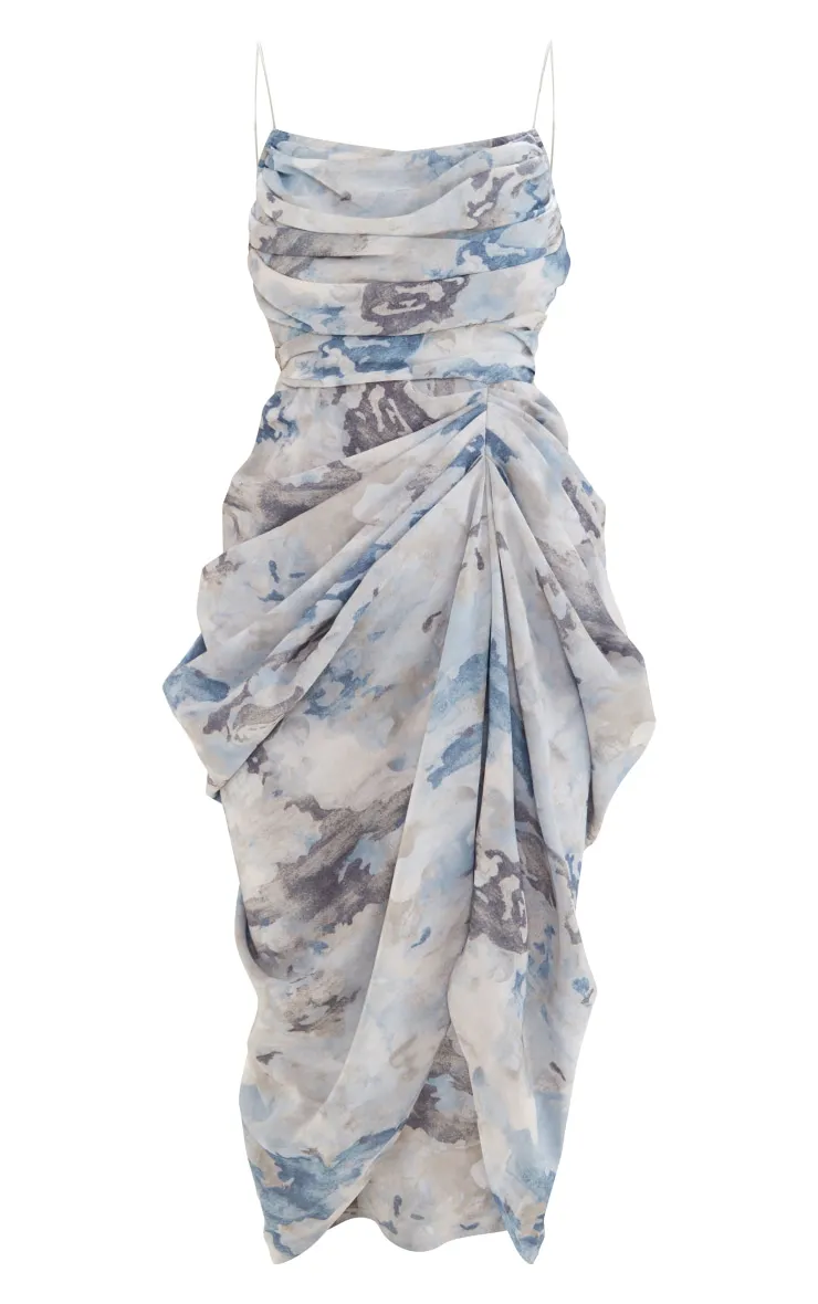 Grey Abstract Chiffon Ruched Drape Midi Dress