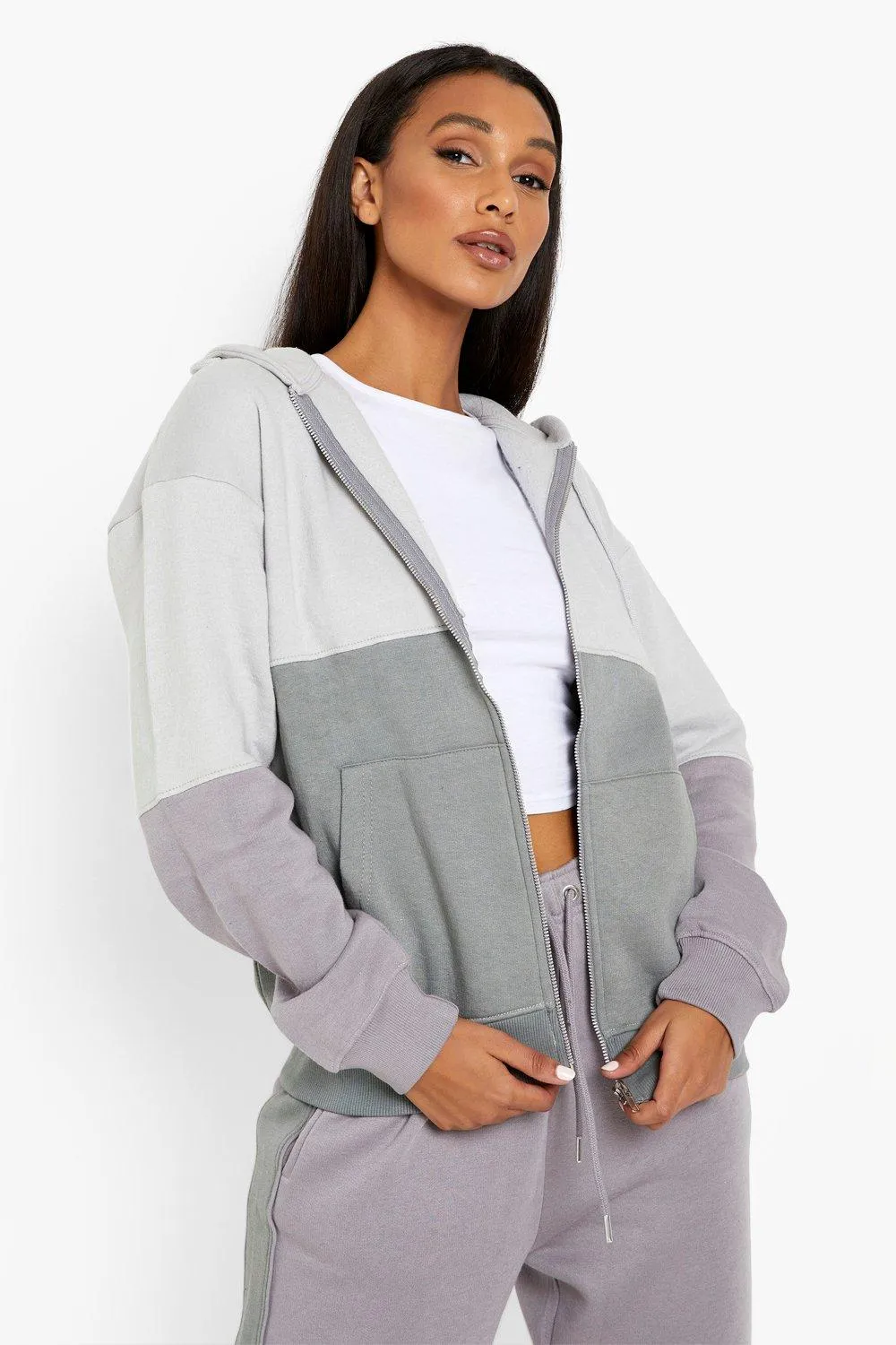 Grey Color Block Zip Through Sweater