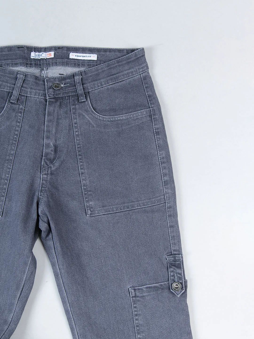 Grey Comfort-Fit Cargo Denim Jeans