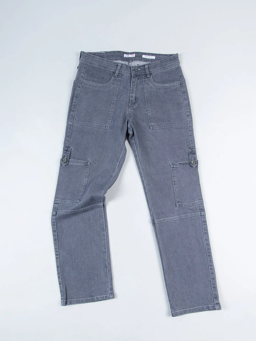 Grey Comfort-Fit Cargo Denim Jeans