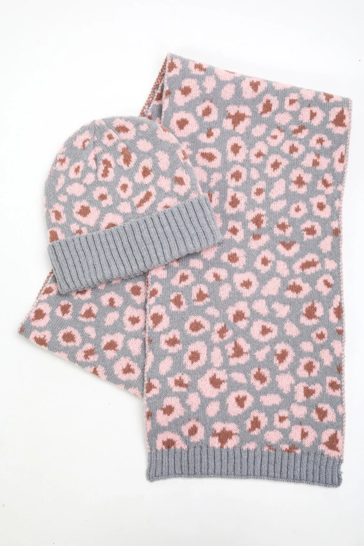 Grey Leopard Print Scarf & Beanie Hat Gift Set