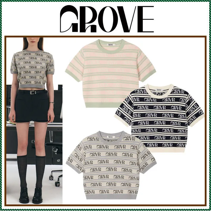 GROVE  |Stripes Street Style Short Sleeves Logo V-neck & Crew neck