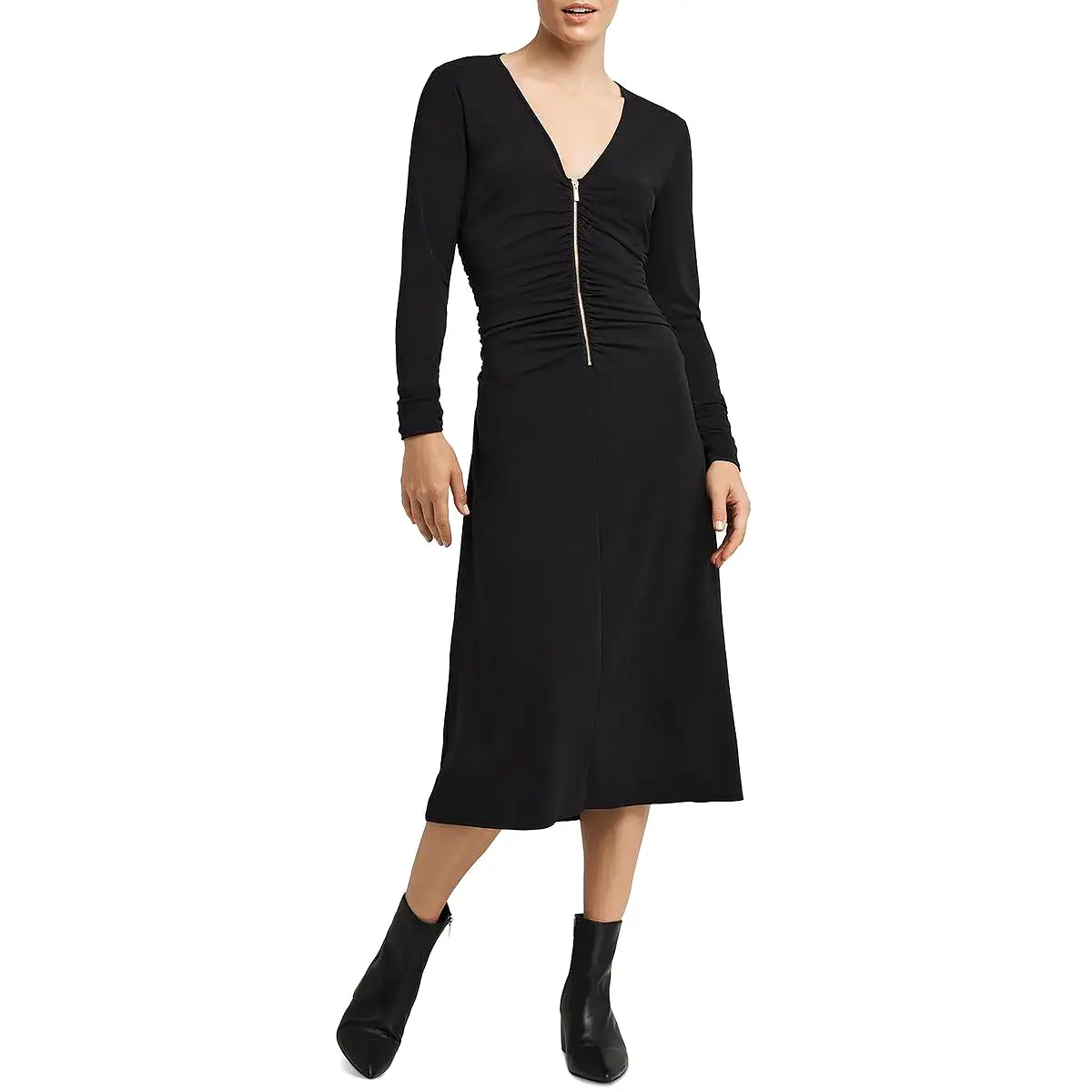 H Halston Womens Ruched Zip-Front Midi Dress