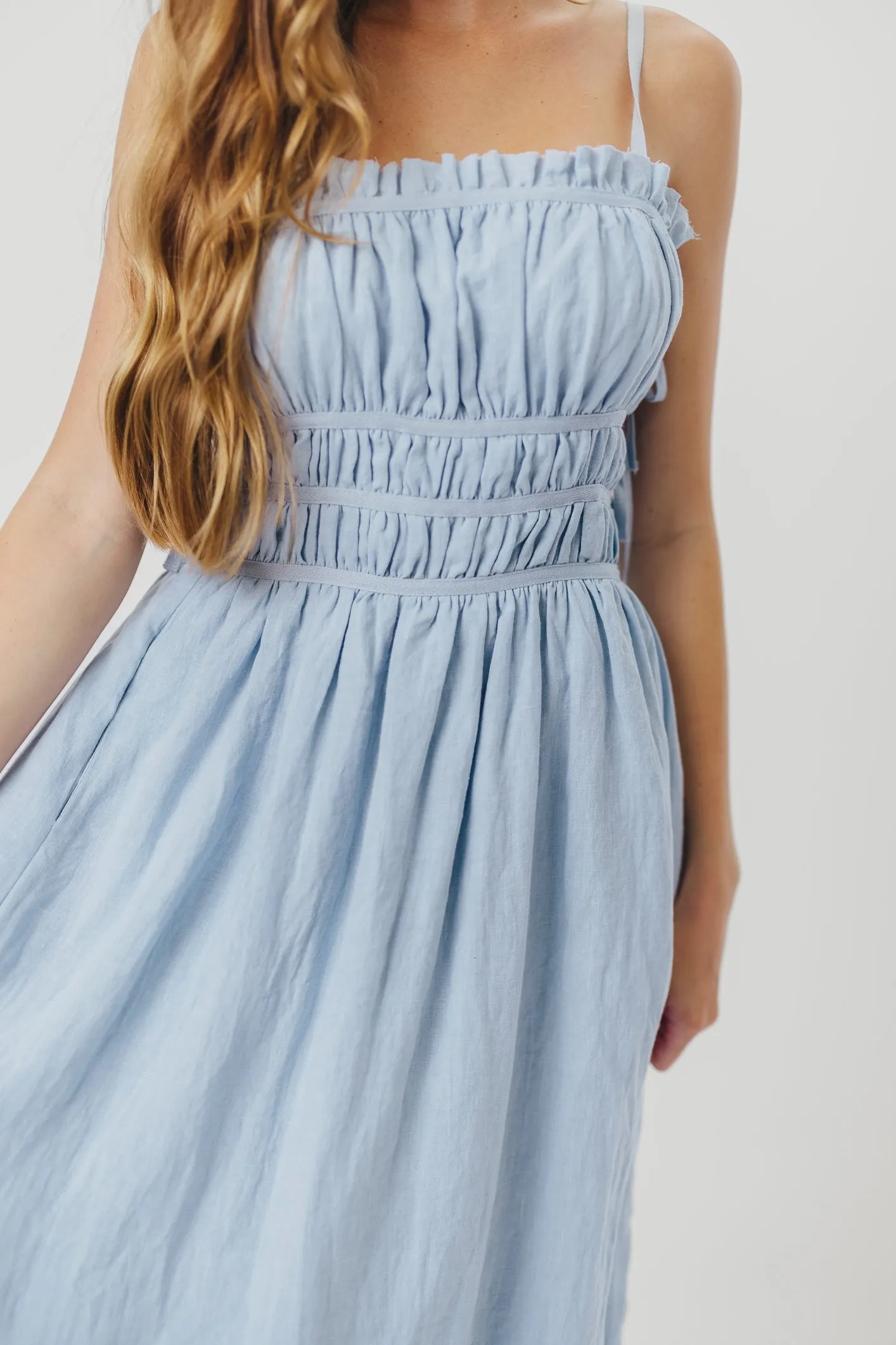 Isla Linen Midi Dress with Ruched Bodice and Side Tie in Light Blue