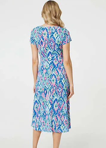 Izabel London Blue Printed Ruched Faux-Wrap Midi Dress | Grattan