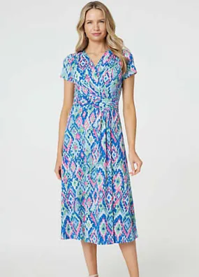 Izabel London Blue Printed Ruched Faux-Wrap Midi Dress | Grattan