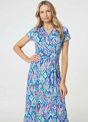 Izabel London Blue Printed Ruched Faux-Wrap Midi Dress | Grattan