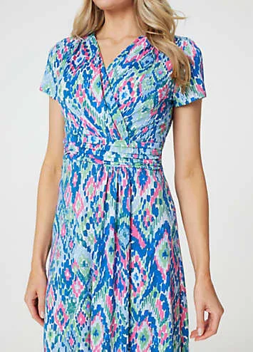 Izabel London Blue Printed Ruched Faux-Wrap Midi Dress | Grattan