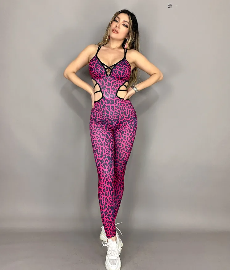 La Fitwear Jumpsuit Sexy Waist Pink Leopard