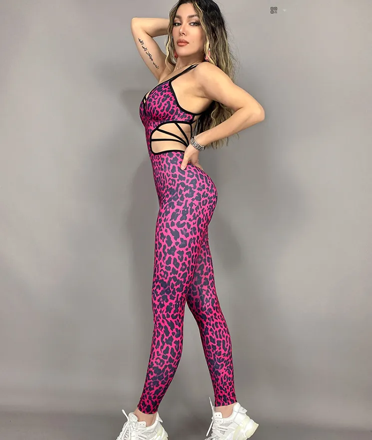 La Fitwear Jumpsuit Sexy Waist Pink Leopard