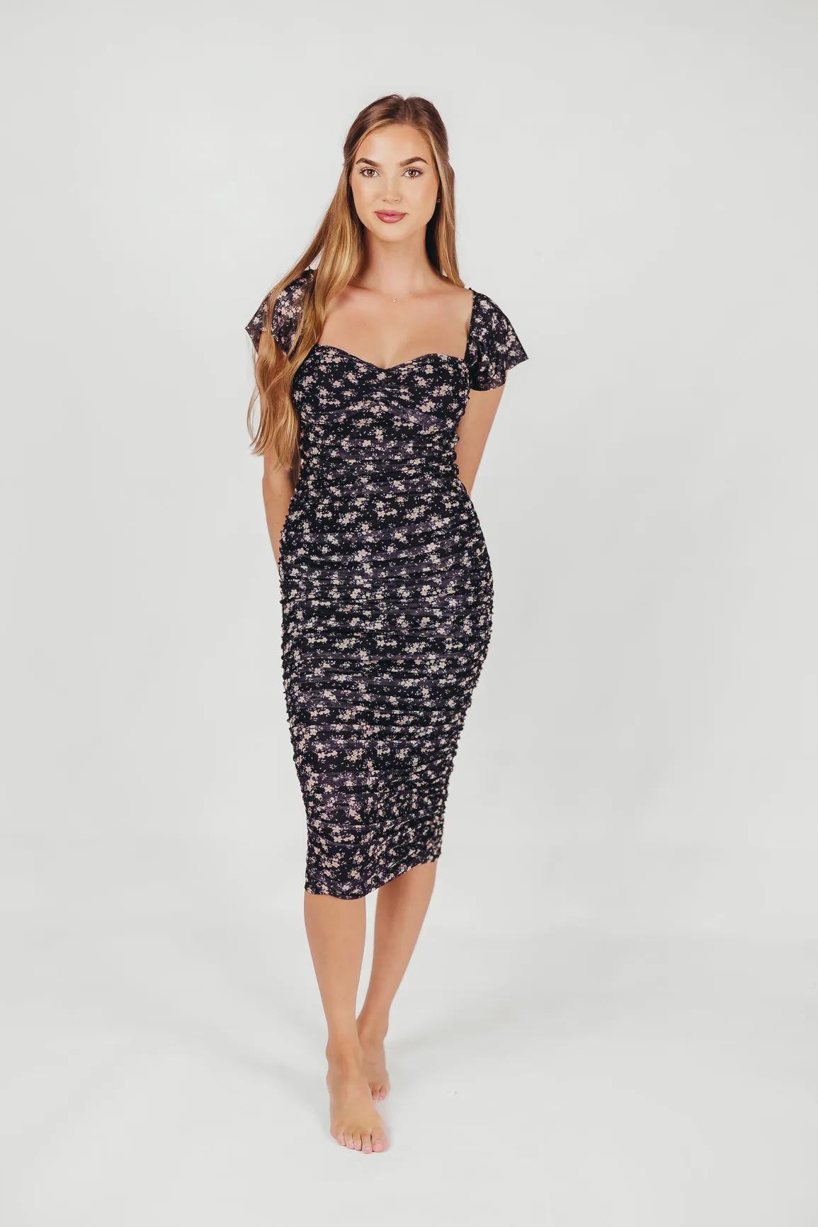 Lilliana Ruched Midi Dress in Navy Floral