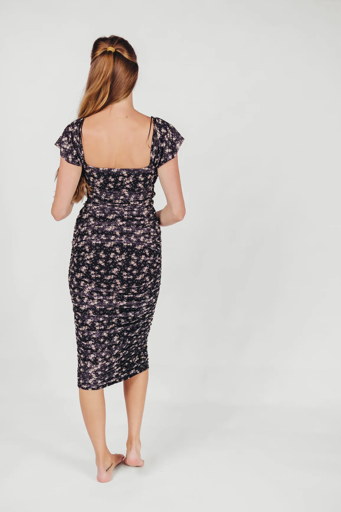 Lilliana Ruched Midi Dress in Navy Floral